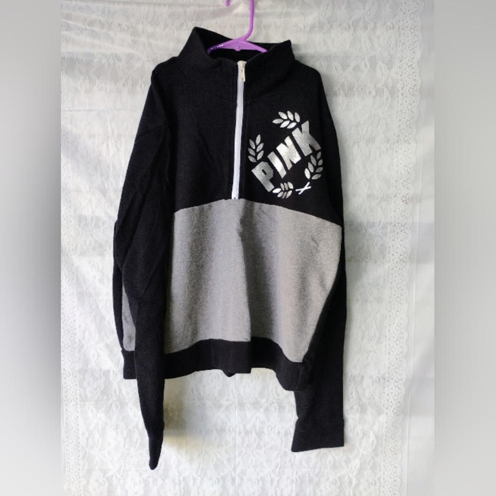 PINK Victoria's Secret Black and Gray 1/2 Zip Hoodie Sz M